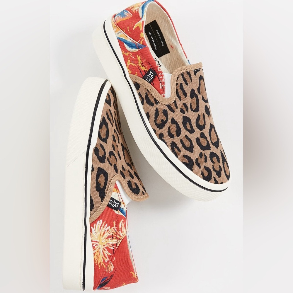 R13 leopard and fish print canvas slip on style sneaker. Women’s size 7